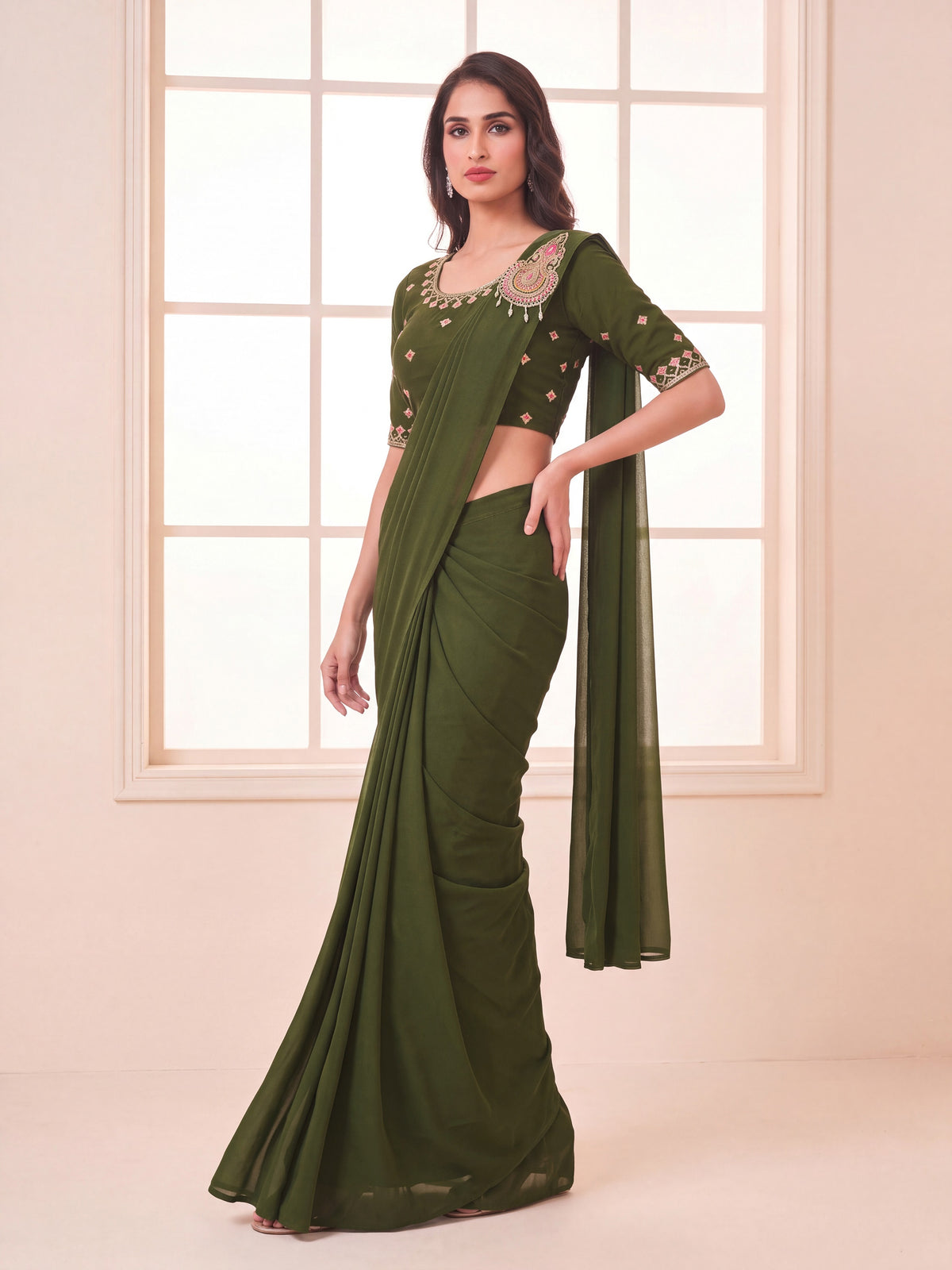 Olive Green Embroidered Georgette Party Ready to Wear Saree