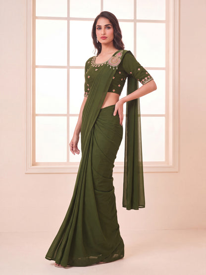 Olive Green Embroidered Georgette Party Ready to Wear Saree
