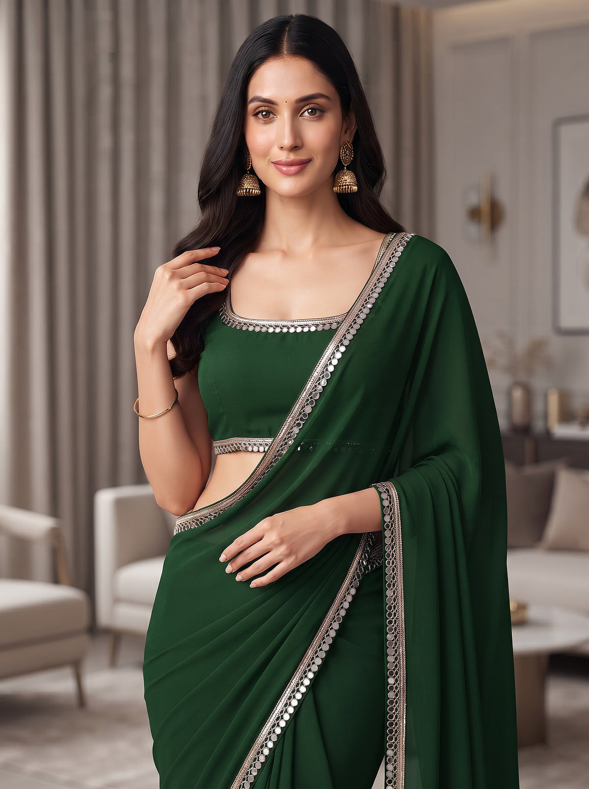 Emerald Green Mirror Work Georgette Festive Party Wear Saree