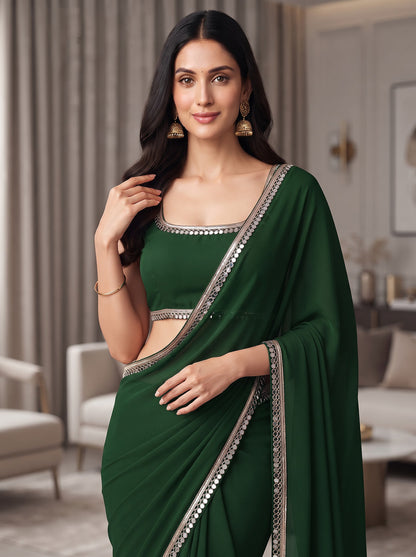 Emerald Green Mirror Work Georgette Festive Party Wear Saree