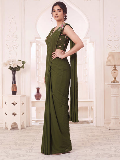 Green Embroidered Georgette Party Ready to Wear Pre-Stitched Saree