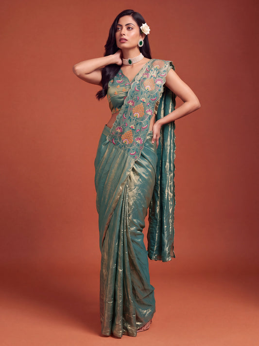 Rama Green Floral Embroidered NC Satin Party Ready to Wear Saree