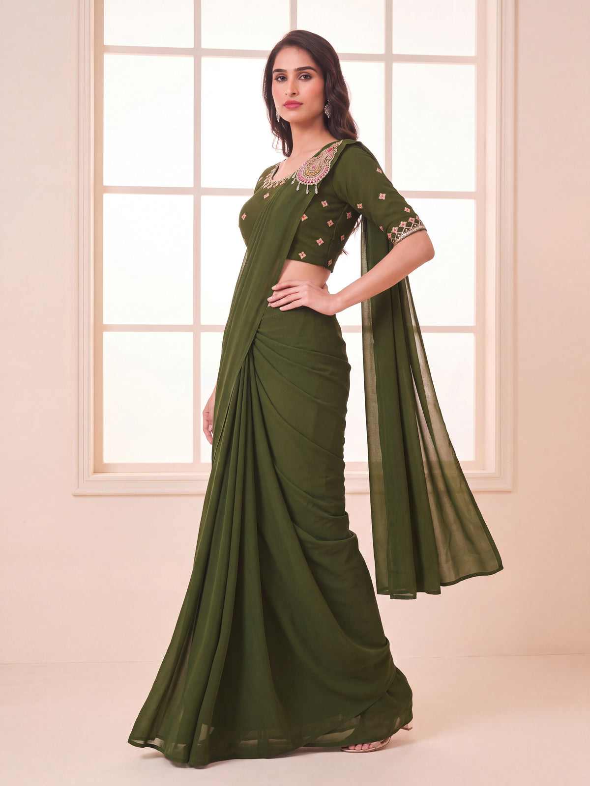Olive Green Embroidered Georgette Party Ready to Wear Saree
