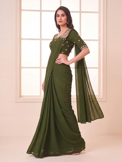 Olive Green Embroidered Georgette Party Ready to Wear Saree