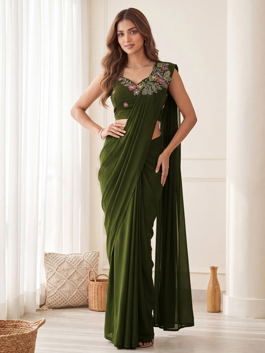 Olive Green Floral Embroidered Georgette Party Ready to Wear Saree