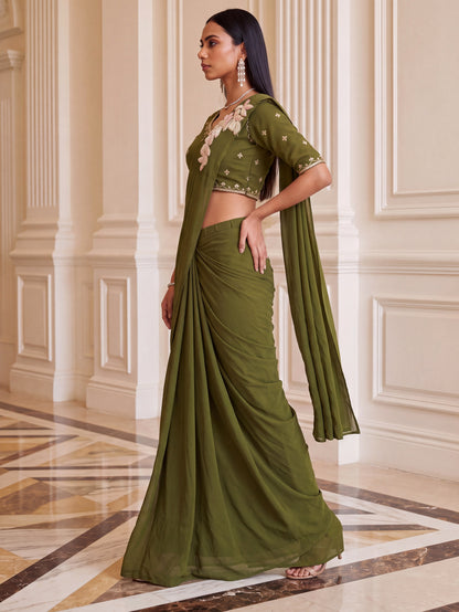 Olive Green Embroidered Georgette Festive Ready to Wear Saree