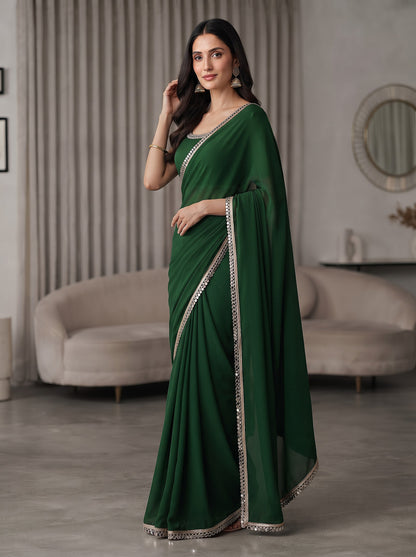 Emerald Green Mirror Work Georgette Festive Party Wear Saree