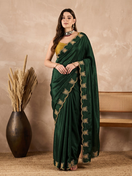 Bottle Green Butterfly Embroidered Chinon Wedding Party Wear Saree