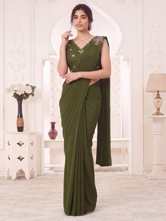 Green Embroidered Georgette Party Ready to Wear Pre-Stitched Saree
