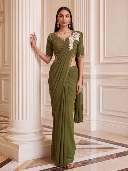 Olive Green Embroidered Georgette Festive Ready to Wear Saree