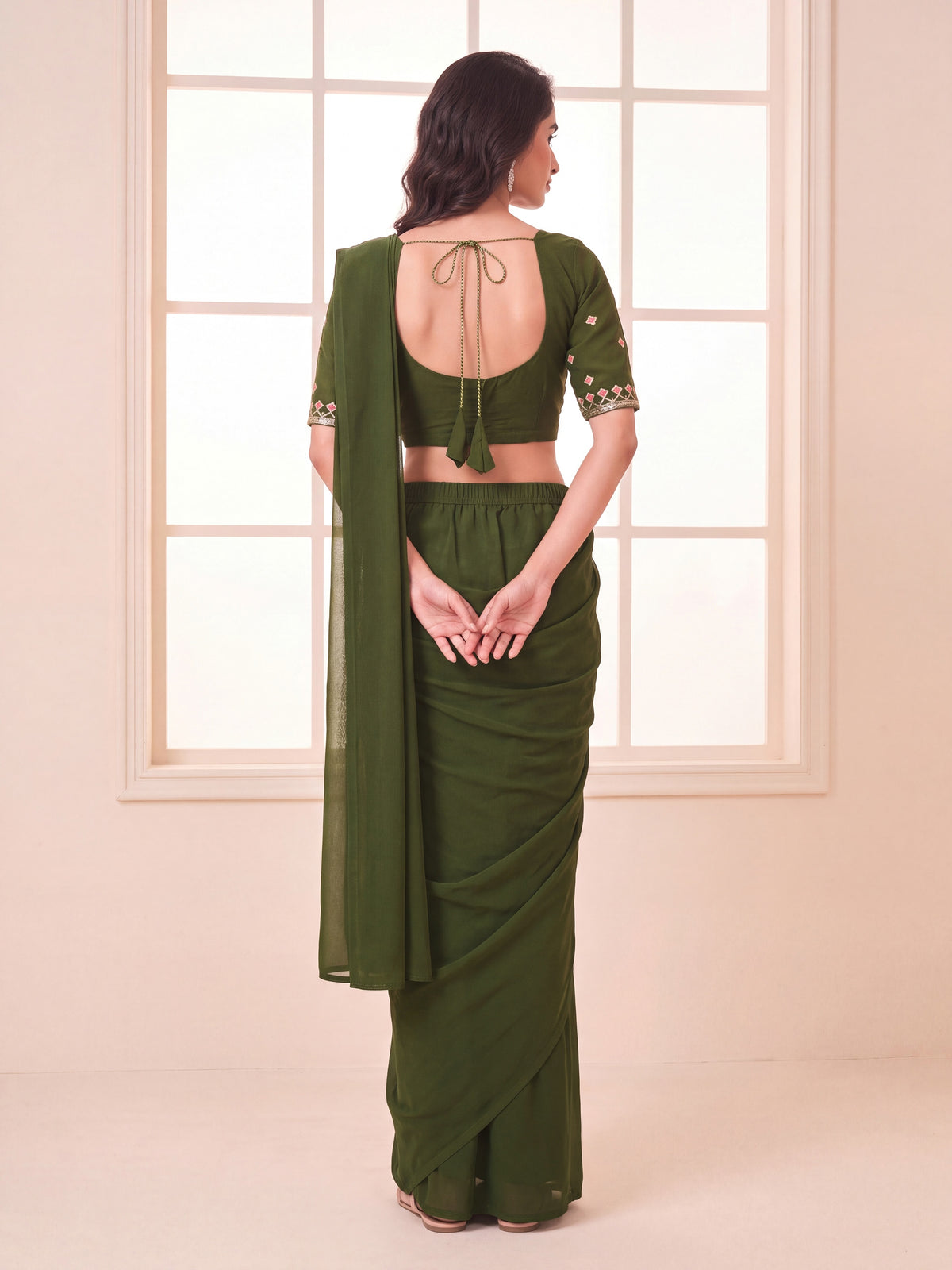Olive Green Embroidered Georgette Party Ready to Wear Saree