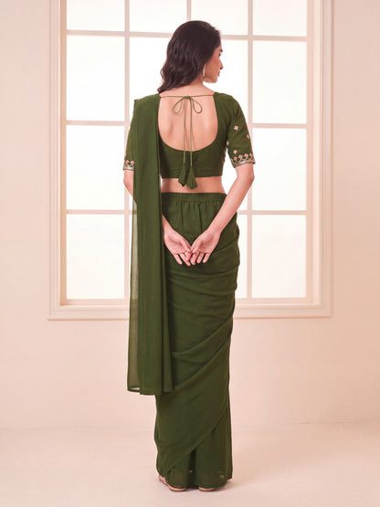 Olive Green Embroidered Georgette Party Ready to Wear Saree