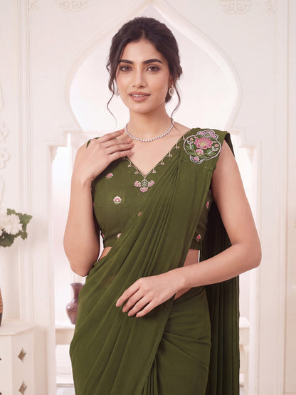 Green Embroidered Georgette Party Ready to Wear Pre-Stitched Saree