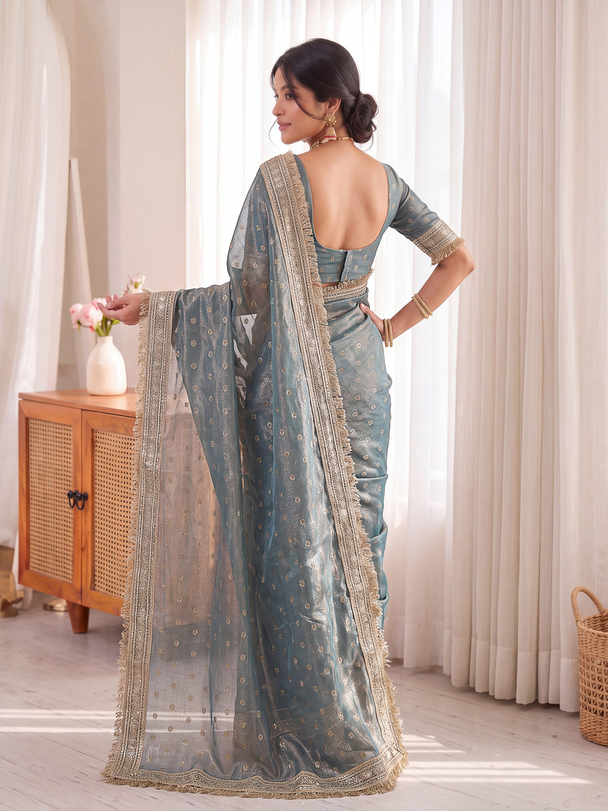 Grey Golden Jacquard Butti Moss Satin Festive Traditional Saree