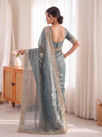 Grey Golden Jacquard Butti Moss Satin Festive Traditional Saree