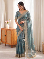 Grey Golden Jacquard Butti Moss Satin Festive Traditional Saree