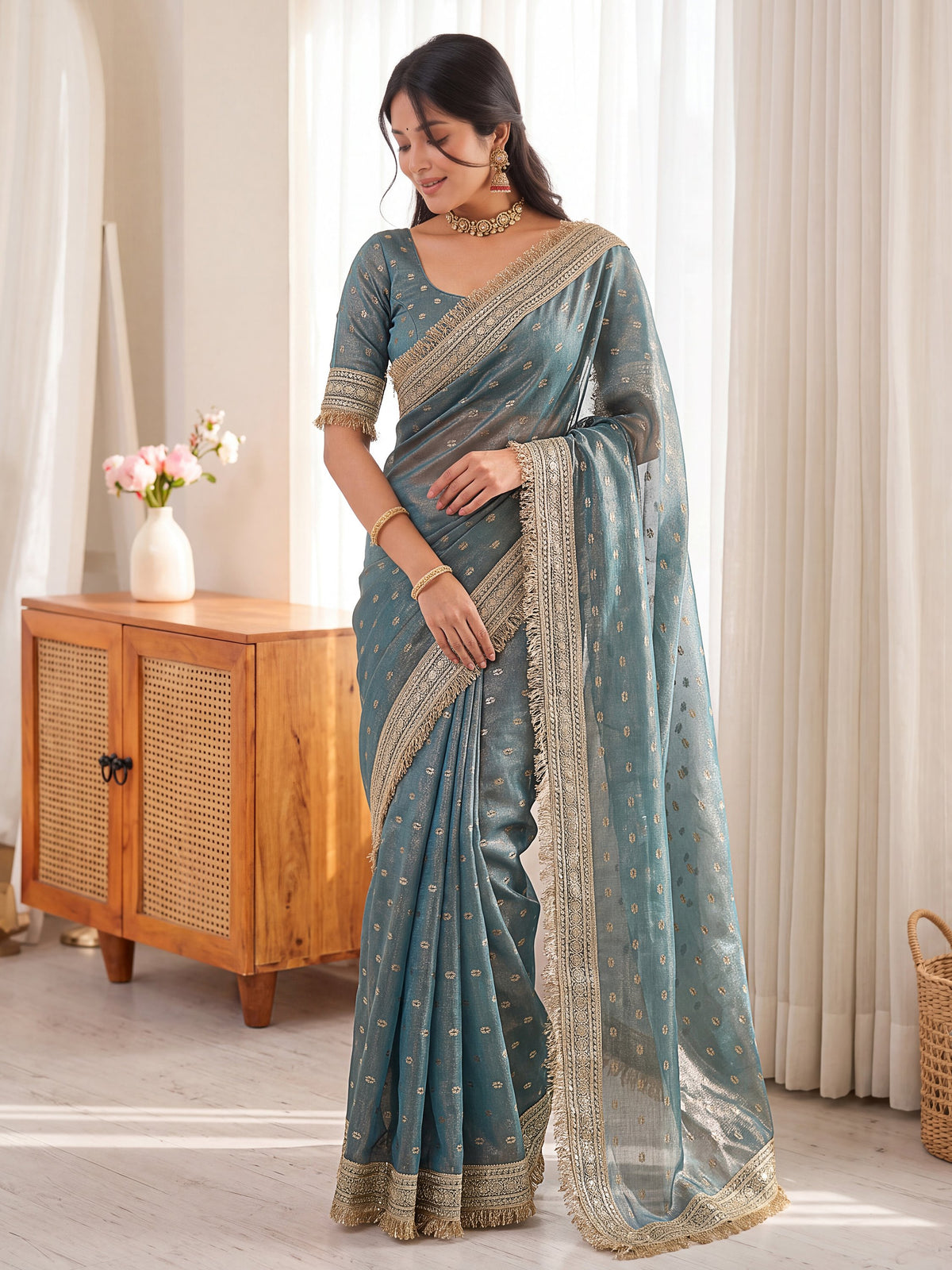 Grey Golden Jacquard Butti Moss Satin Festive Traditional Saree