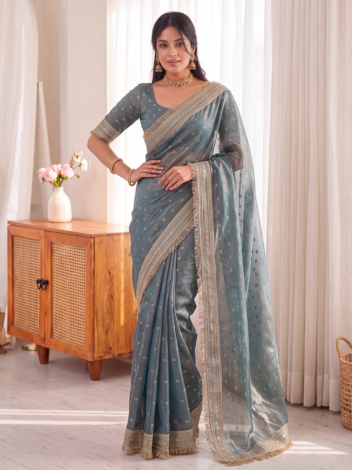 Grey Golden Jacquard Butti Moss Satin Festive Traditional Saree