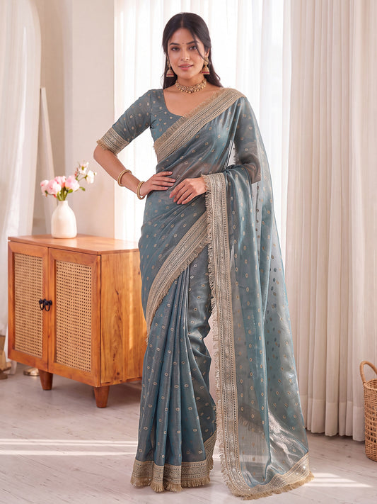 Grey Golden Jacquard Butti Moss Satin Festive Traditional Saree