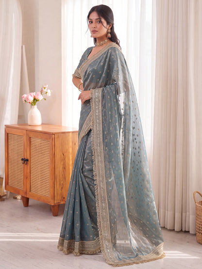 Grey Golden Jacquard Butti Moss Satin Festive Traditional Saree