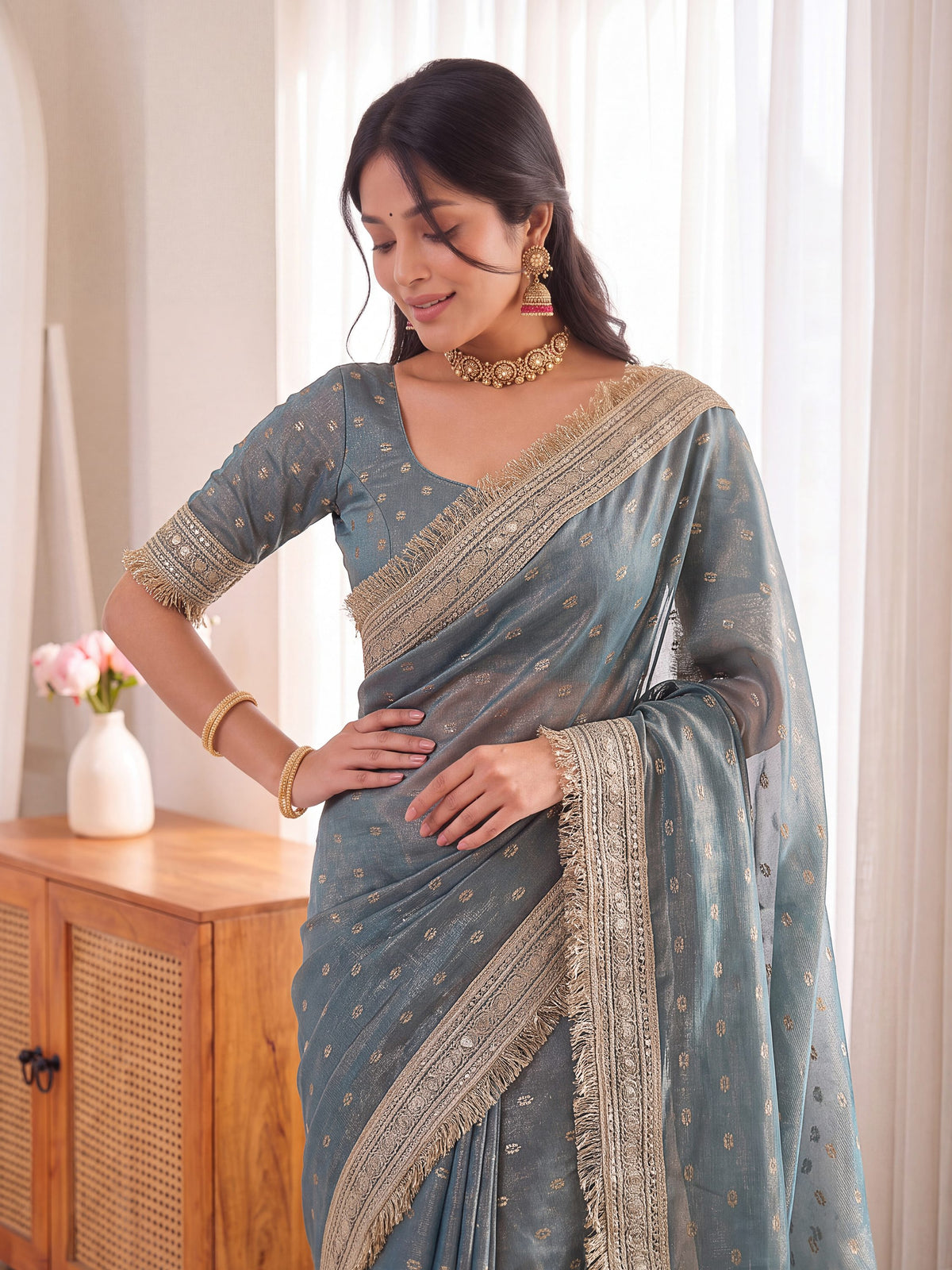 Grey Golden Jacquard Butti Moss Satin Festive Traditional Saree