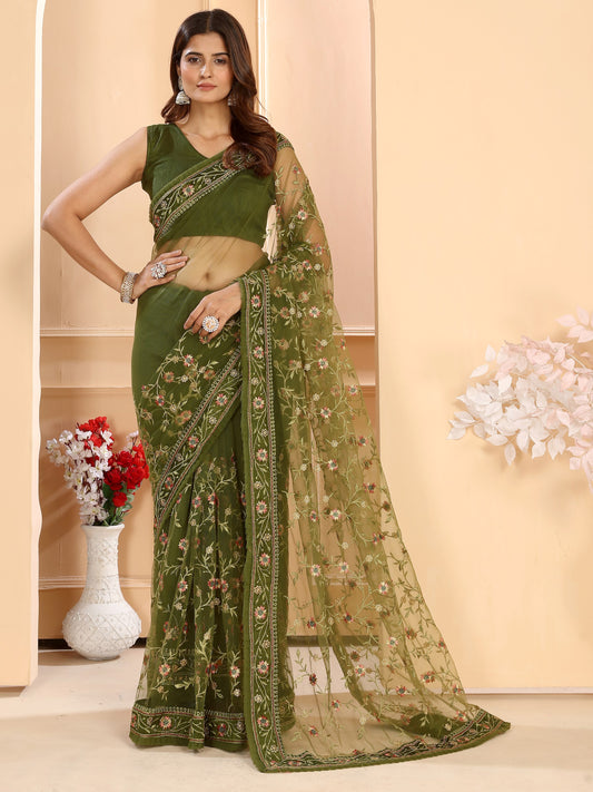 Mehendi Green Floral Embroidered Soft Net Party Saree with Blouse