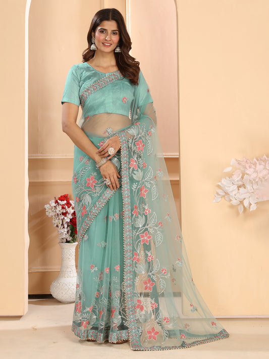 Firozi Floral Embroidered Net Pearl Lace Wedding Party Wear Saree