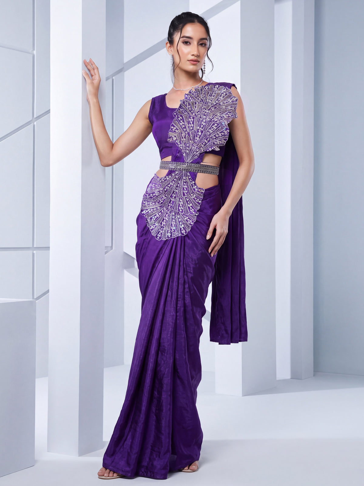 Purple 3D Applique Embroidered Satin Party Ready to Wear Saree