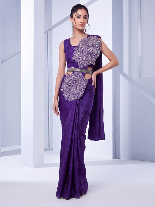 Purple 3D Applique Embroidered Satin Party Ready to Wear Saree