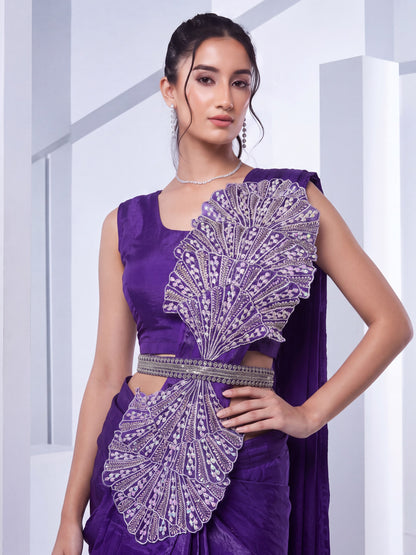 Purple 3D Applique Embroidered Satin Party Ready to Wear Saree