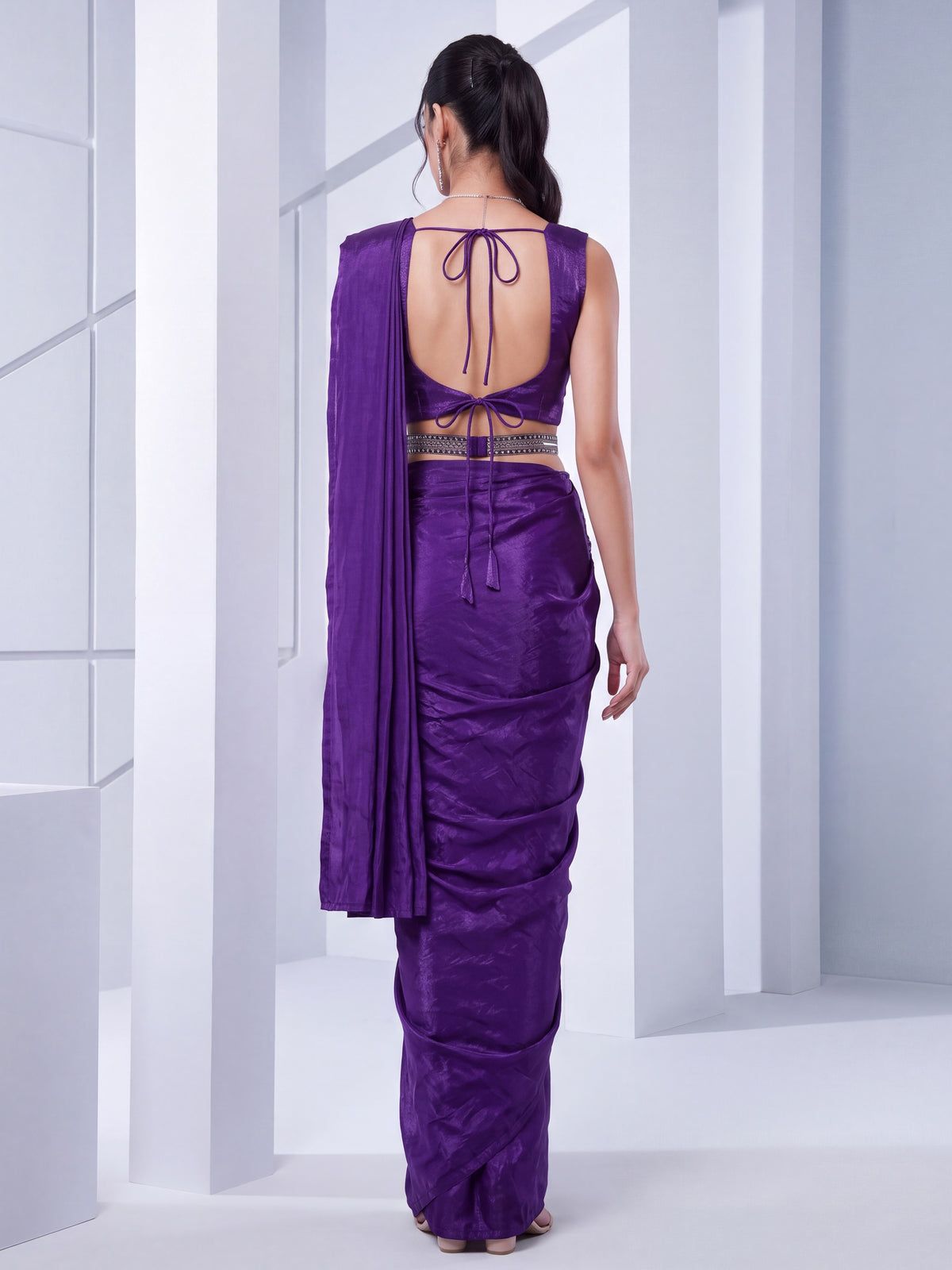 Purple 3D Applique Embroidered Satin Party Ready to Wear Saree