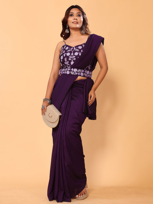 Purple Embroidered Vichitra Silk Party Ready to Wear Saree with Belt