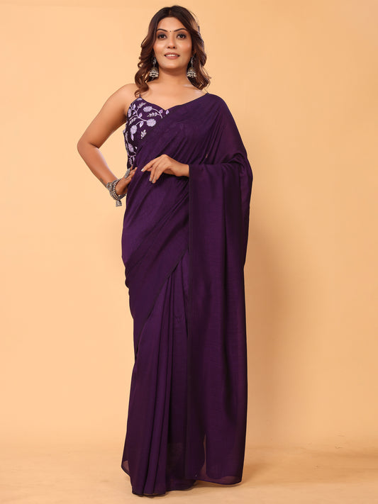 Purple Embroidered Vichitra Silk Party Ready to Wear Saree with Belt