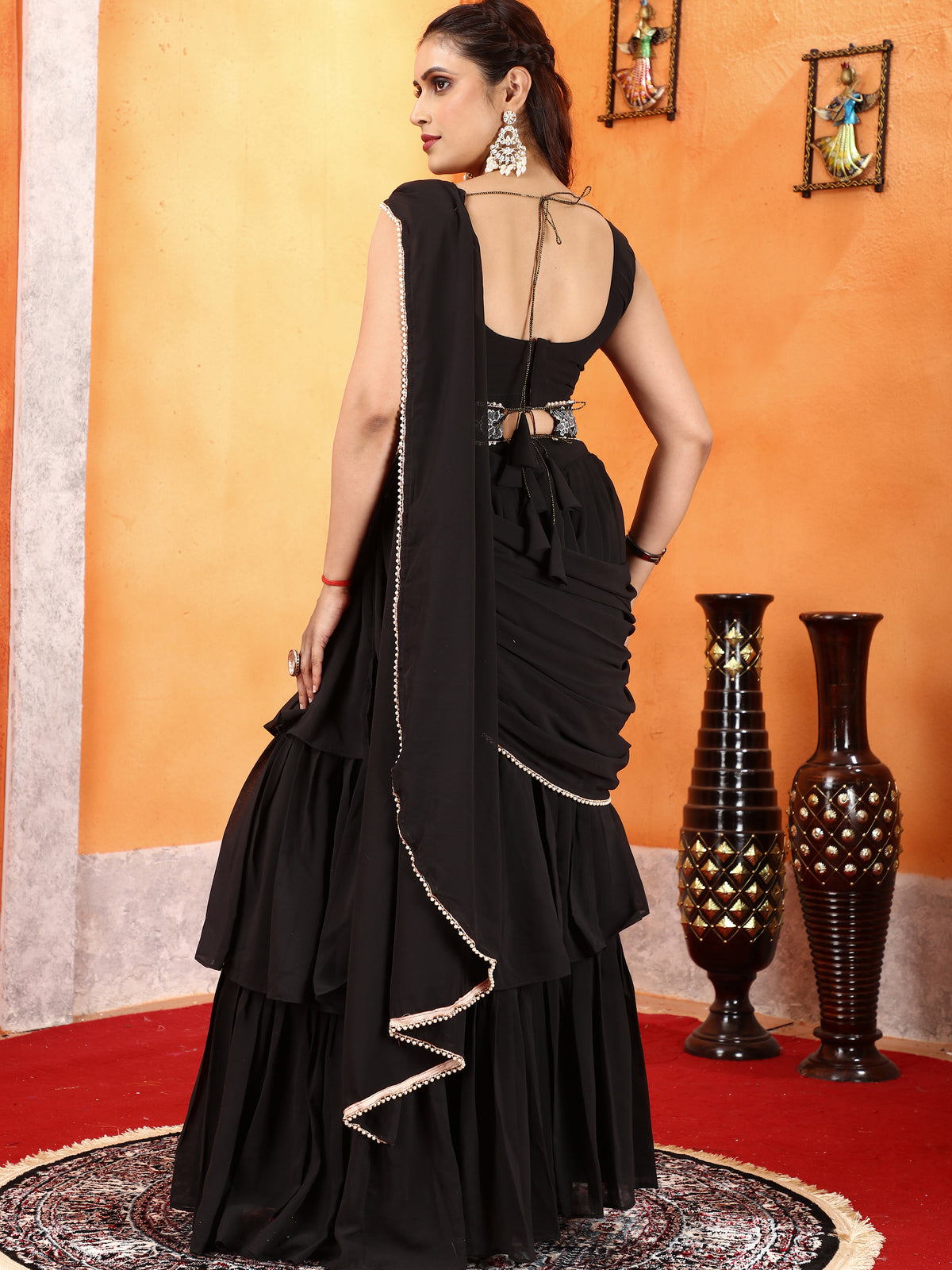 Black Embroidered Georgette Party Ready to Wear Lehenga Saree