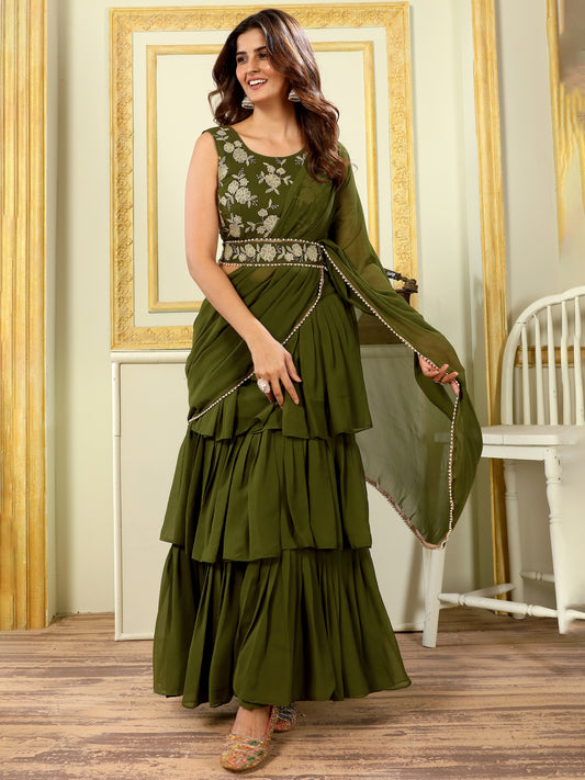 Mehendi Green Embroidered Georgette Party Ready to Wear Lehenga Saree