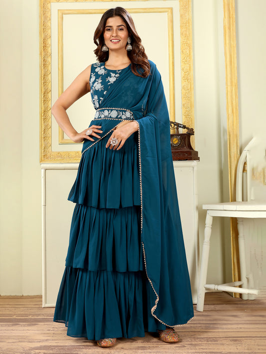 Mor Pich Embroidered Georgette Party Ready to Wear Lehenga Saree