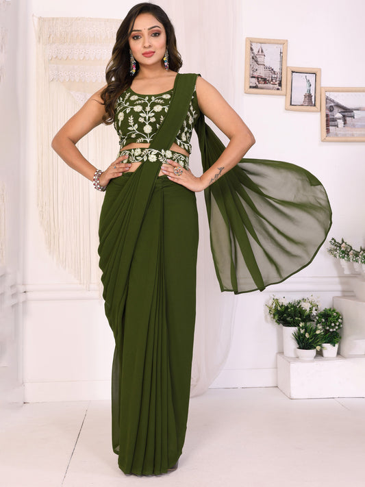 Mehendi Green Embroidered Georgette Party Ready to Wear Saree