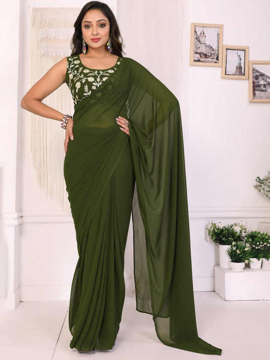 Mehendi Green Embroidered Georgette Party Ready to Wear Saree