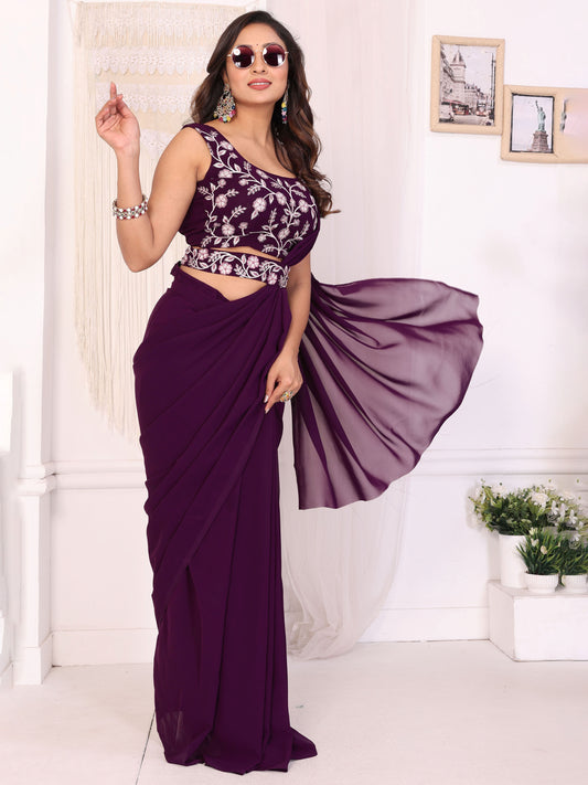 Wine Floral Embroidered Georgette Party Ready to Wear Saree