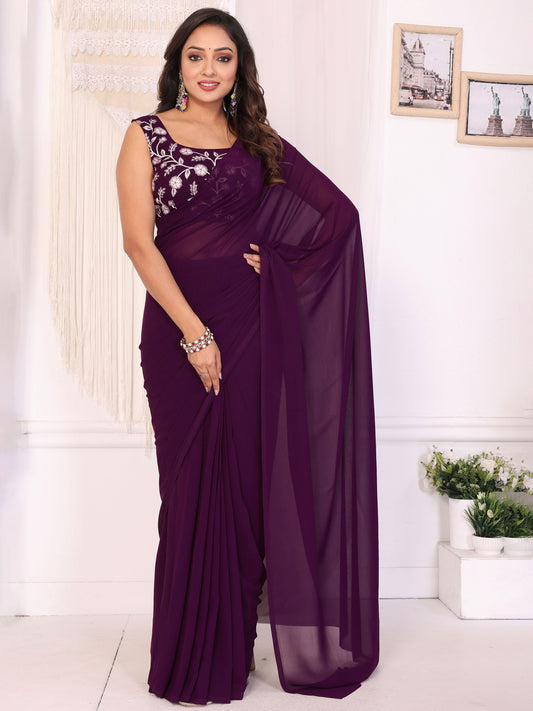 Wine Floral Embroidered Georgette Party Ready to Wear Saree