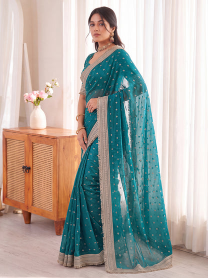 Teal Golden Jacquard Butti Moss Satin Festive Traditional Saree