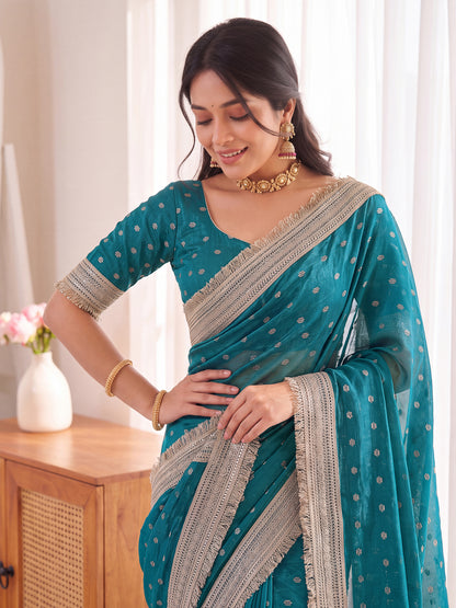 Teal Golden Jacquard Butti Moss Satin Festive Traditional Saree