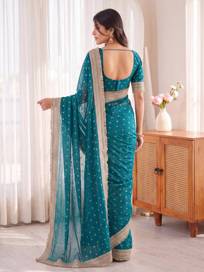 Teal Golden Jacquard Butti Moss Satin Festive Traditional Saree