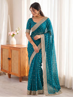 Teal Golden Jacquard Butti Moss Satin Festive Traditional Saree