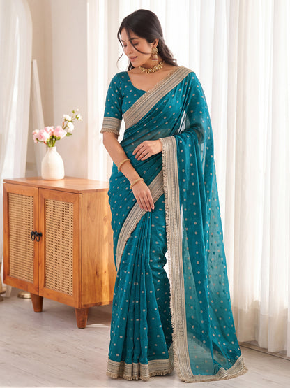 Teal Golden Jacquard Butti Moss Satin Festive Traditional Saree