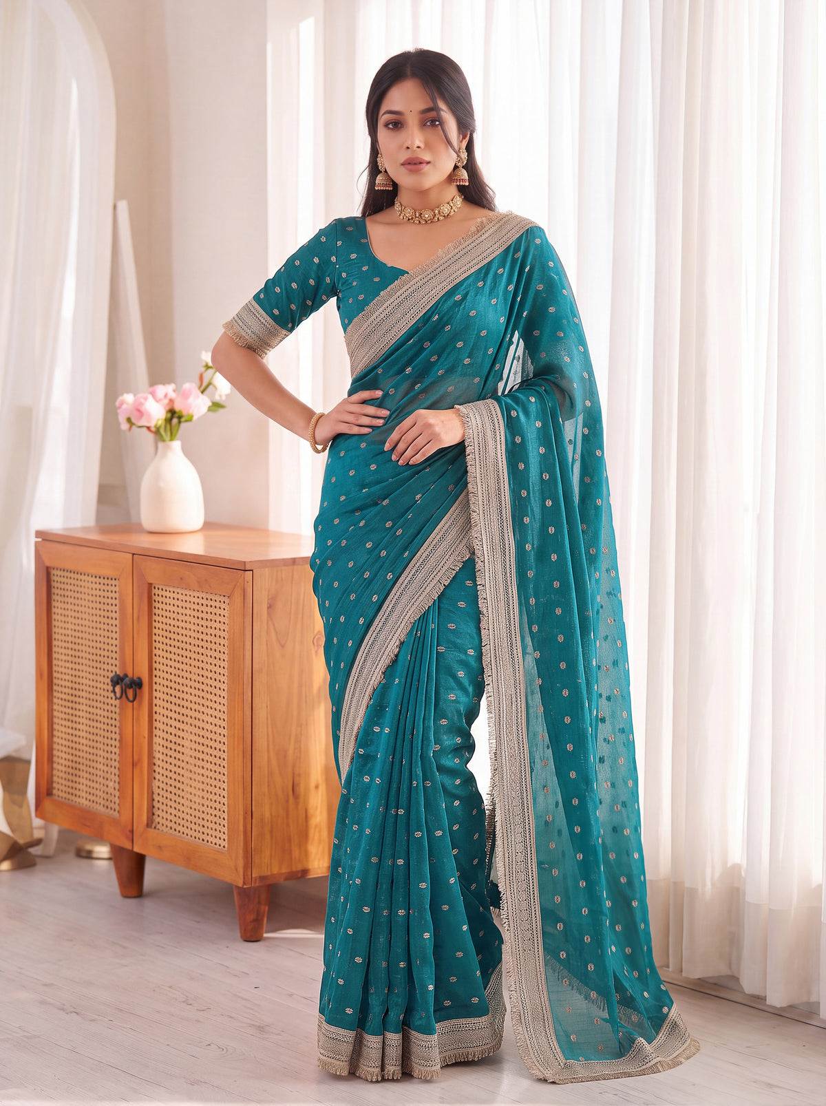 Teal Golden Jacquard Butti Moss Satin Festive Traditional Saree