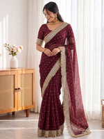 Maroon Golden Jacquard Butti Moss Satin Festive Traditional Saree