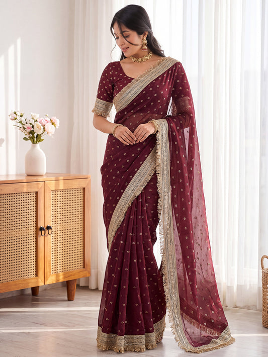 Maroon Golden Jacquard Butti Moss Satin Festive Traditional Saree