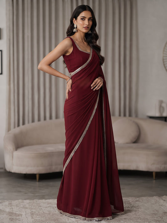 Maroon Mirror Work Georgette Festive Wedding Party Wear Saree