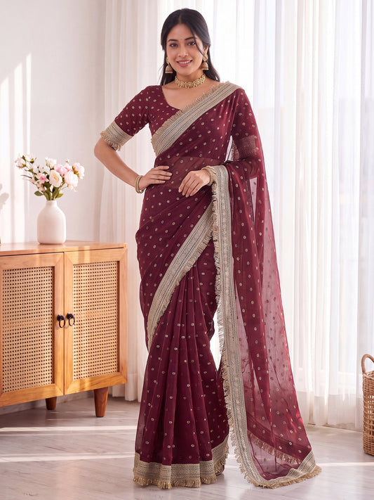 Maroon Golden Jacquard Butti Moss Satin Festive Traditional Saree
